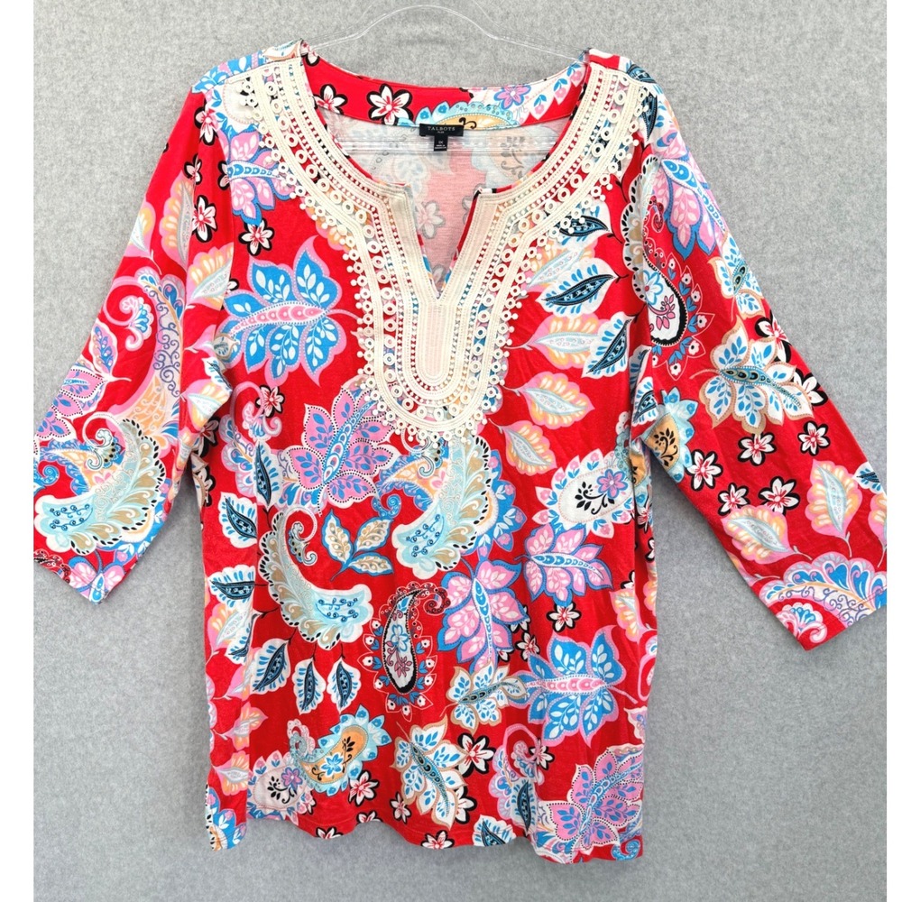 Talbots Plus Top Women 1X Red Paisley Floral 3/4 Sleeve Crochet Trim Split Neck